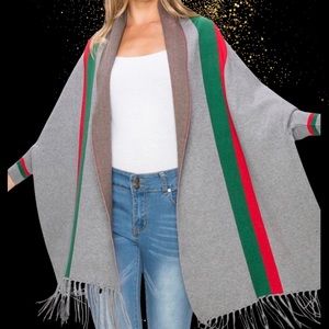Shawl with sleeves - gray with green and red stripes